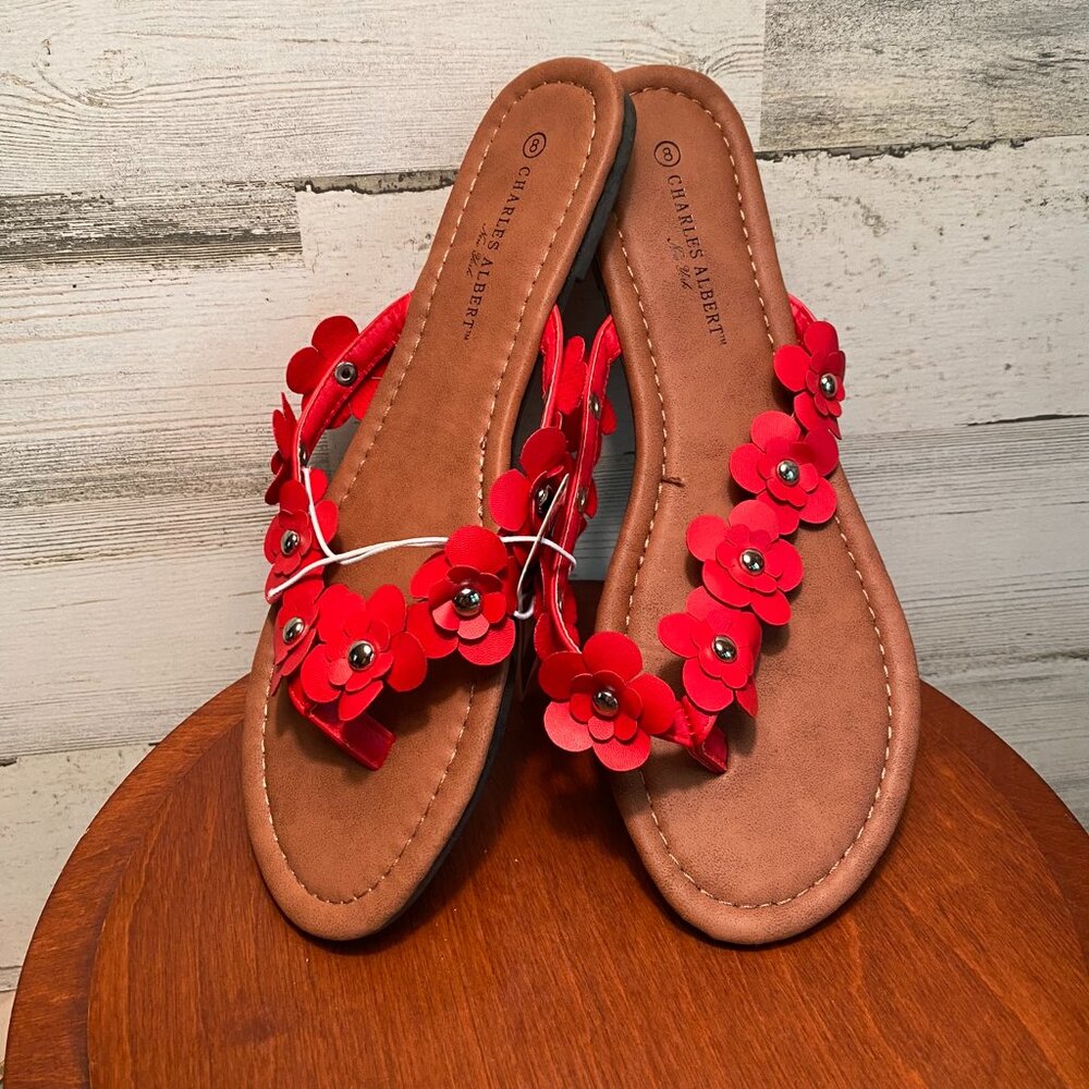 Charles Albert Red Flower Thong Sandals - New w/Tags- Size 8
